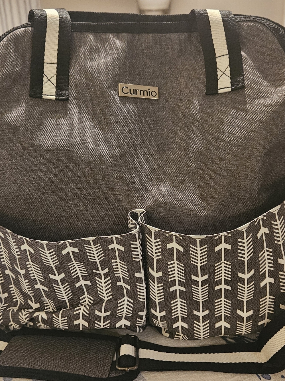 Curmio Gray Diaper Bag Tote with Arrow Print Pockets